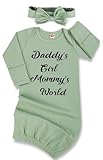 Mikccer Baby Gown Newborn 0-6 Months, Newborn Girls Baby Little Sister Sleeping gown, Long Sleeve Babies Nightgown Coming Home form Hospital Outfit Gift with Headband Set Green