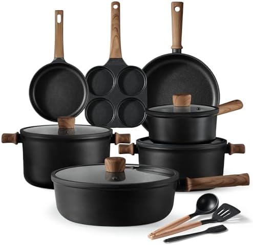 CAROTE Nonstick Cookware Sets, Pots and Pans Set Non Stick 14pcs, Titanium Induction Cooking Sets with Stay-Cool Handle, Black