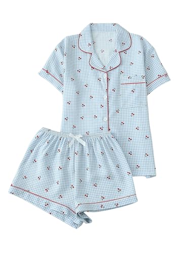 Image of BEAUDRM Women's Two Piece Pajama Sets Allover Print Short Sleeve Sleepwear Button Down Shirt and Bow Shorts Pj Set Loungewear