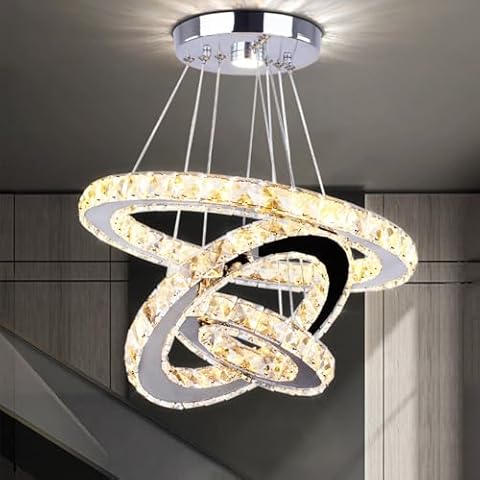 Cainjiazh Modern LED Crystal Chandeliers 3 Ring Round Pendant Lighting Fixtures DIY Stainless Steel Ceiling Lamp Hanging Lights for Living Room Dining Room Bedroom Kitchen (Warm Light) Cover