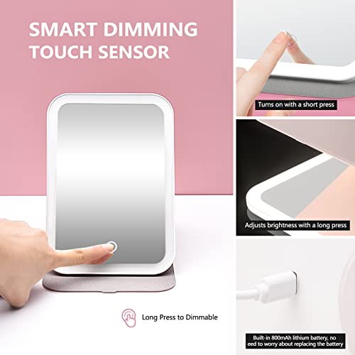 Kulvgda Travel Makeup Vanity Mirror, Makeup Beauty Mirror With 3 Colors Lighting, Dimming Touch Sensor, 10X Magnifying Mirror, Portable Tabletop Cosmetic Mirror For Women(Pink) #TOP6