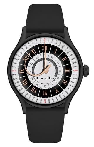 DOUBLERUN Black Case Silicone Strap, 24-Hour Display, Roman Numerals, Analog Watch (Black)