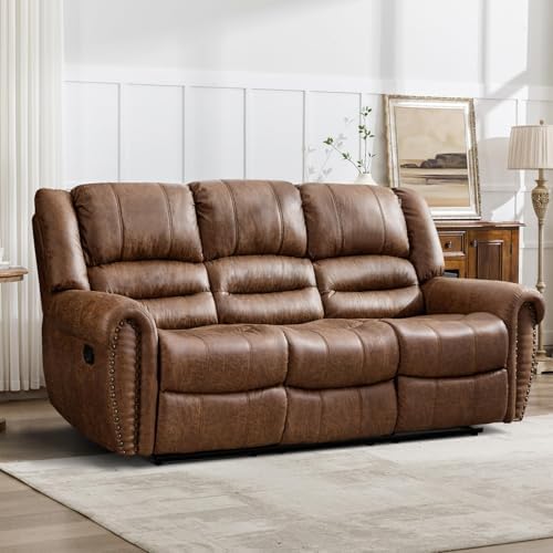 EBELLO Faux Leather Reclining Sofa, 3 Seater Recliner Sofa Chair, Manual Reclining Couch Set for Living Room, Home Furniture Set, for Meeting Room, Brown (3 Seat Sofa)