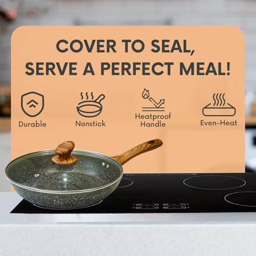 AEX 28cm Nonstick Frying Pan with Lid | Scratch-Resistant & Durable Skillet | Cool-Touch Wooden Handle | Suitable for Induction, Gas, and Electric Hobs - Image 5