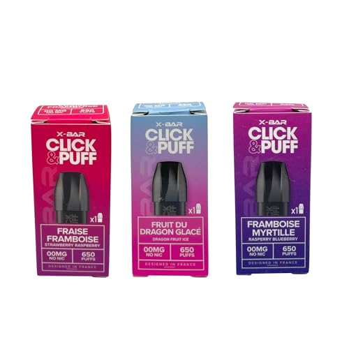 Pack de 3 cartouches réutilisables- compatible avec Batterie rechargeable (sans nicotine ni tabac) (Fraise Framboise,Fruit du Dragon, Myrtille Framboise)