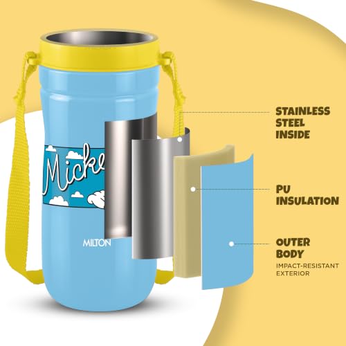 Image of MILTON Disney Kool Cheer 400 Plastic Insulated Thermo Water Bottle with Straw for School Kids I Food Grade, Leak Proof Lid with Hands free sipper, Easy to Carry Loop, Picnic, BPA Free, 390 ml,Sky Blue