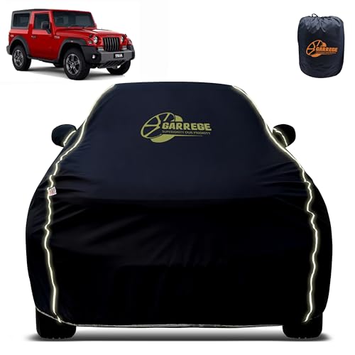 Image of Reflector Waterproof Car Cover for Thar with Mirror & Antenna Pocket | All Weather Protection | Washable Fabric | Black Color