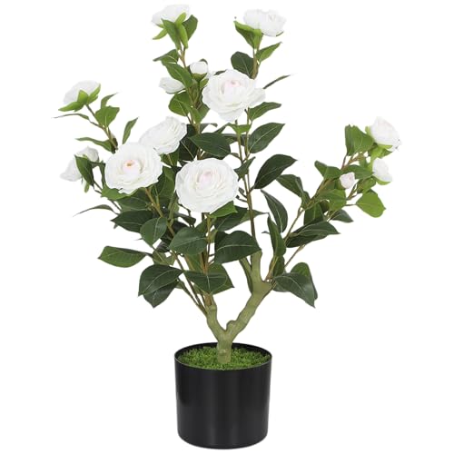 Image of HOMCOM 65cm Artificial Camellia Flower Plant in Pot, Realistic Silk Flowers with 116 Lush Leaves & Moss Effect, Faux Tree for Outdoor Indoor Garden Porch Decor, White