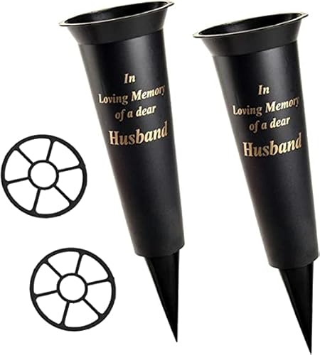 Set of 2 Black In Loving Memory HUSBAND Spiked Memorial Grave Flower Vases Graveside Memorial with flower holder inserts