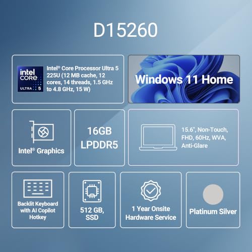 Image of Dell 15 AI Powered Laptop, Intel Core Ultra 5 225U Processor, 16GB:512GB, 15.6 inch (39.62cm) FHD 300nits Display, (Dell 15), Backlit Keyboard with AI Copilot Hotkey, Win 11 + MSO'24, 1.66kg Thin & Light