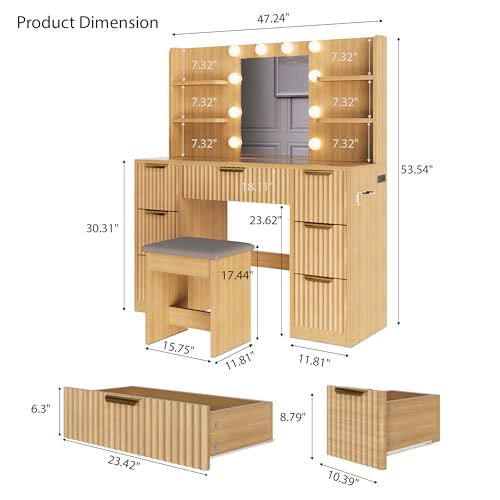 Merax Farmhouse Fluted Vanity Desk with Mirror & Lights & Stool, Makeup Vanity with 7 Drawers & Power Oultlet, 3 Lighting Modes Adjustable, Glass Top Natural Vanity for Bedroom, 47.24"x15.7"x53.54" by Merax - Image 2