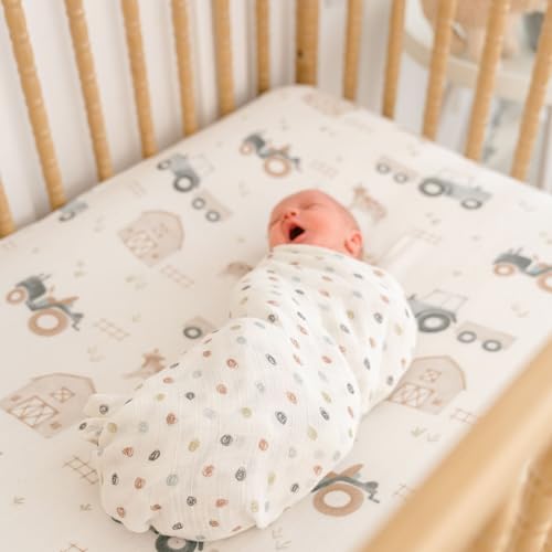 Image of Crane Baby Charlie Farmhouse Tractor Crib Fitted Sheet, 100% Cotton Baby Bed Sheets, Farm Nursery Decor, Crib Sheets for Boys, Baby Registry Gift, Tractor Nursery Decor