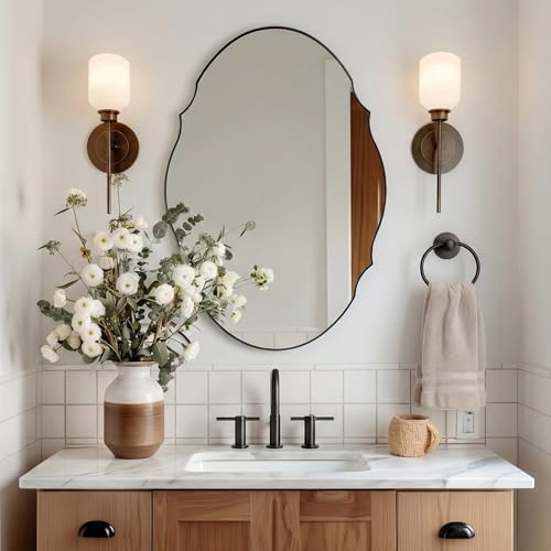 Image of ANDY STAR 22x30 Matte Black Farmhouse Scalloped Oval Bathroom Vanity Mirror