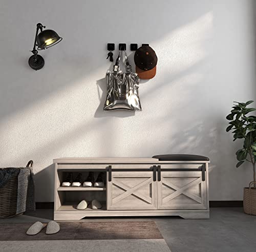Saintcy Shoe Bench Entryway With Storage, Gray Shoe Bench With Sliding X Barn Door, Farmhouse Bench Entryway With Cushion, 2-Tier Shoe Storage Bench For Entryway, Living Room, Hallway, 47 Inch #TOP3