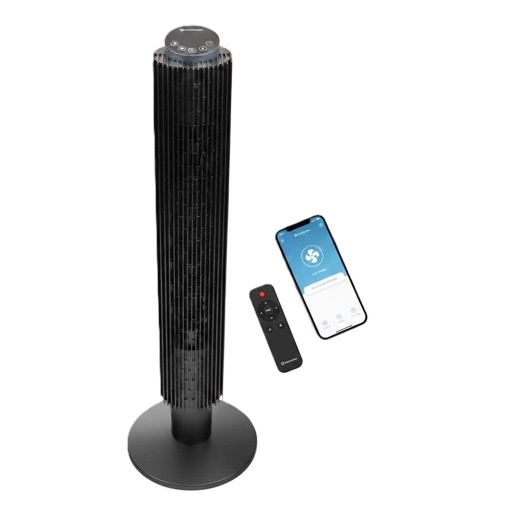 Comfort Zone 42-Inch Smart Wi-Fi Oscillating Tower Fan – 5 Speeds, 3 Modes, Adjustable 36–42" Height, Bladeless Quiet Standing Fan with Remote, 12H