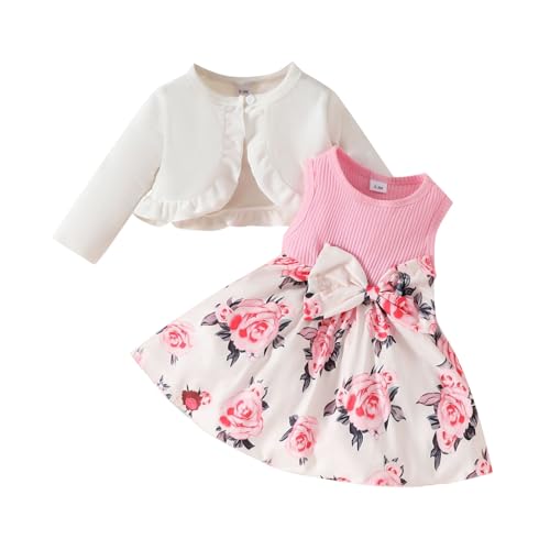 2PCS Little Toddler Girls Dress with Cardigan Floral Dresses Ruffle Shrug Sweaters Kids Girls Toddler Rain Jacket
