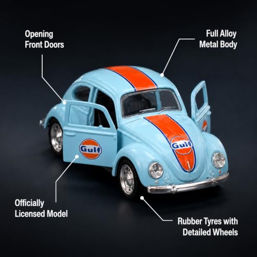 Image of Wizplex CCA Volkswagen Beetle 1967 Gulf 1:54 Officially Licensed Premium Die Cast Metal Car in Acrylic Display Case - Openable Doors, Collectible Classic Car Showpiece for Collectors & Kids 3+