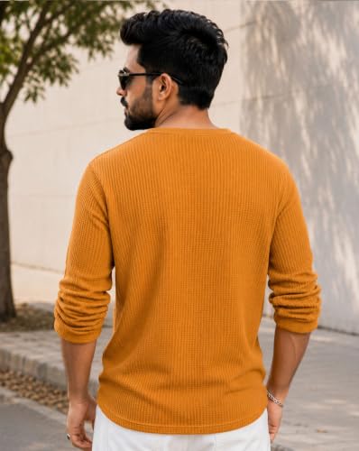 Image of AUSK Men's Waffle Knit Henley T-Shirt | Cotton Blend Full Sleeve Textured Casual T Shirt | Regular Fit Button Placket Round Neck Tshirt for Men