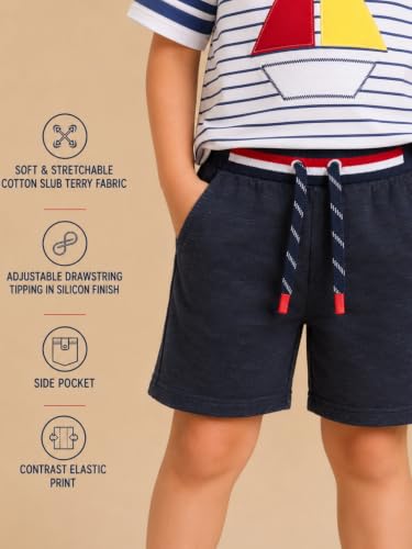 Image of Pilolo Kids Soft Cotton Terry Lycra Adjustable Drawstring Pocket Shorts for Boys