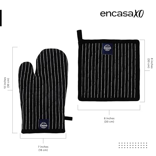 Image of Encasa XO Heat Resistant 100% Cotton Oven Glove & Potholder Set with Loop, Kitchen Cooking Mittens, Microwave Safe Hot Pads (Butcher Stripes Black)