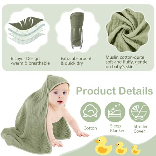 Image of Peryiter 4 Pcs Muslin Hooded Baby Towels, 32 inchx 32 inch Cotton Newborn Bath Towel Muslin Infant Baby Blankets Absorbent Unisex Newborn Registry Gift Essentials for Girls Boys (Green,Gray,Beige)