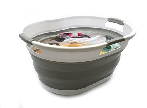 Sammart 36L (9.5 Gallon) Collapsible 3 Handled Plastic Laundry Basket-Foldable Pop Up Storage Container-Portable Washing Tub-Space Saving Basket/Water Capacity 27L/7.1 Gallon (1, Grey) #TOP4