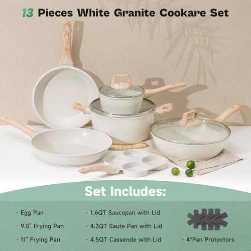 Image of SODAY Pots and Pans Set Non Stick, 13Pcs White Granite Induction Cookware | PFAS /PFOA /PFOS Free Nonstick Kitchen Cookware Sets, with Eggs Pan, Fry Pans & Saucepans