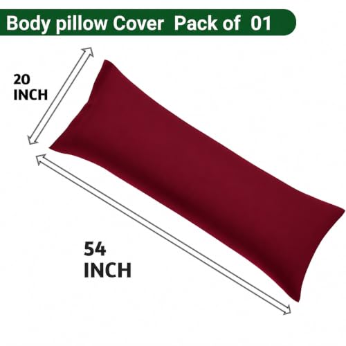 Image of 100% Cotton 600 TC Body Pillow Cover - Ultra Soft & Breathable Long Pillowcase | Zipper Closure | 20 inchx54 inch | Grey (Burgundy)