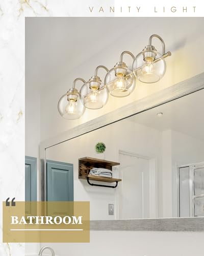 Image of Bathroom Light Fixtures, 4-Light Brushed Nickel Vanity Lights Over Mirror with Globe Clear Glass, 30 Inch Modern Vanity Lighting Fixtures, AD-22280-4W-SN