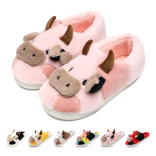 Cute Fluffy Cow Print Slippers for Toddler & Kids - Non-Slip, Warm & Cozy Pink Cotton Animal Slides