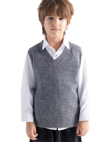 Chanyarn Boys and Girls 100% Merino Wool Sweater Vest V-Neck Sleeveless 2025 Fall Winter Cable Tops Knitted Pullover Vest (Grey,100cm)