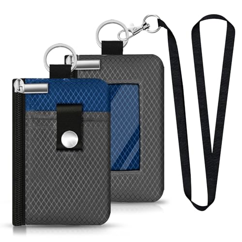 Image of Minimalist RFID Blocking Small Wallet with ID Window,WaterResistant Zip Id Case Wallet with Lanyard Keychain for Cards,Cash,Travel,Women,Men (DarkGrey /Electric Blue)