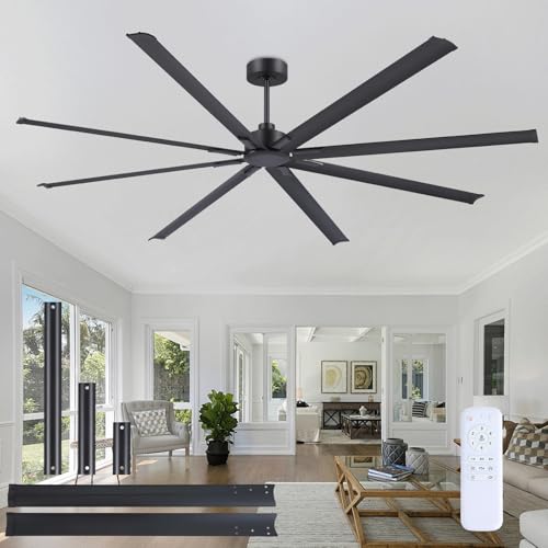 JSAITEE 96Inch Industrial Ceiling Fan, Reversible Quiet DC Motor, 8 Blades, 3 Downrods, 6 Speed Remote Control, Large No-Light Ceiling Fan for Residential & Commercial Spaces, Porch Garage Shop, Black