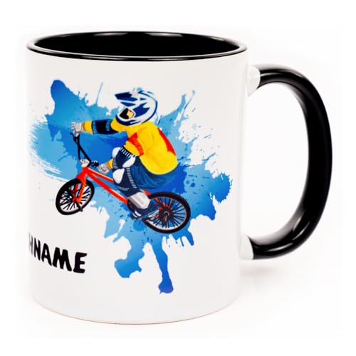 Bmx Fahrrad Tasse mit Namen personalisiert Radsport Geschenke Bike Becher Zubehör Sachen für Erwachsene Kinder Mann Frau Jungen Mädchen Jungedliche Deko Accessories Equipment Ausrüstung Keramik 330 ml