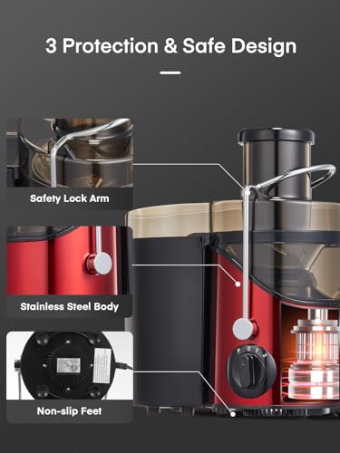 Juicer Machines, Juilist 3" Wide Mouth Juicer Extractor Max Power 800W, for Vegetable and Fruit with 3-Speed Setting, 400W Motor, Easy to Clean, Bright Red