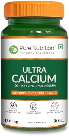 Pure Nutrition Ultra Calcium 1310mg – 90 Veg Tablets | With Vitamin D3, K2, Zinc & Magnesium | Bone, Joint, Muscle & Immune Health Support | Calcium Supplement for Men & Women