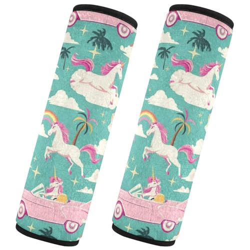 Seat Belt Covers 2 Pack Unicorns Vintage Car Seat Strap Covers Super Soft Palm Trees Rainbows Car Seat Neck Cover for Boys Girls Adults Babies M