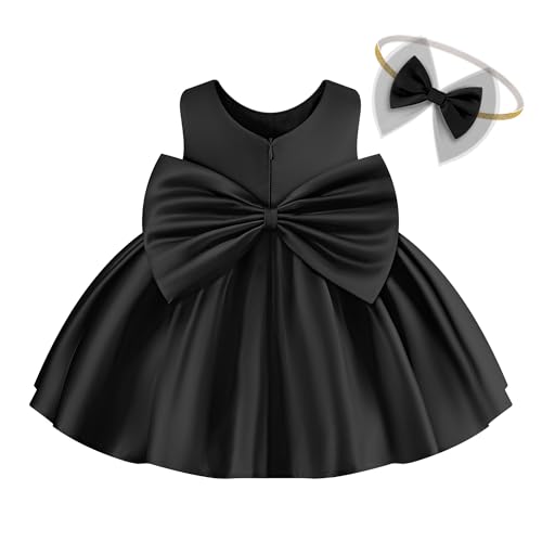 Coedody Toddler Baby Girls Dresses Wedding Flower Girl Dress Bowknot V Back Pageant Party Birthday Formal with Headwear Black 12-18 Months