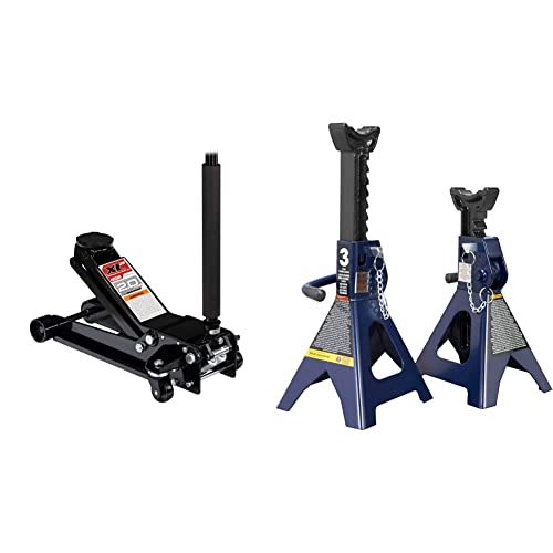 Arcan 2 Ton Low Profile Quick Rise Steel Floor Jack A20015 & Tce 3 Ton (6,000 Lbs) Capacity Double Locking Steel Jack Stands, 2 Pack, Blue, At43002Au #TOP24