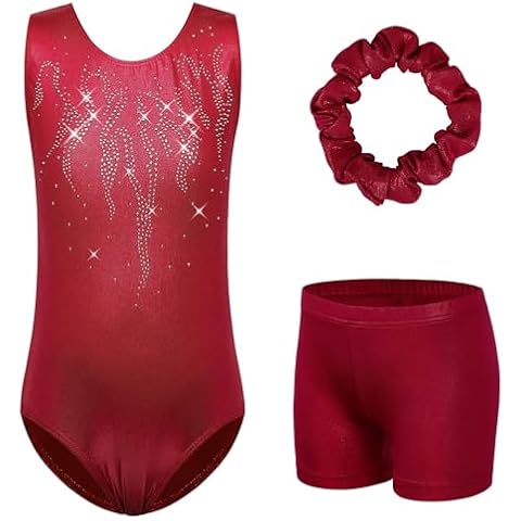 TFJH E Girls Gymnastics Leotards Dance Shorts Shiny Diamond Practice Outfits Activewear Sets 3t 4t Wine 4A Cover