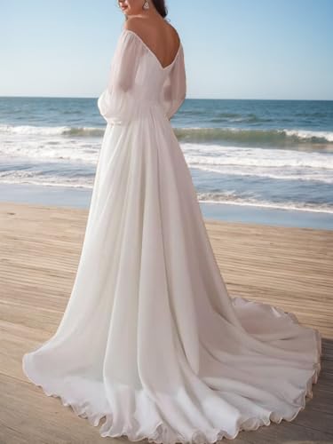 Long Sleeve Wedding Dresses for Bride A-Line Off Shoulder Train Chiffon Bridal Gowns2