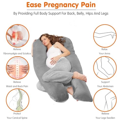 Image of U-Shaped Sleeping Pregnancy Pillow| Removable Velvet Covers| PregnoCare Fibres| Baby Shower Gift, Maternity, Nursing| Full Body Soft-Support Bump, Head, Back, Shoulder, Hips, Legs and Belly (Grey)