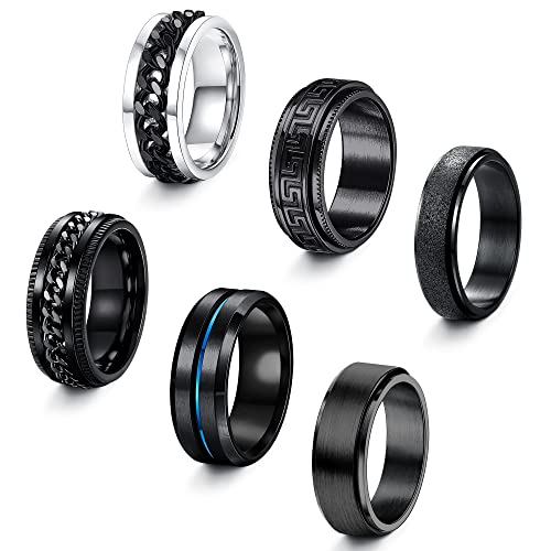 Florideco 8Mm Spinner Fidget Ring For Men Women Black Stainless Steel Anxiety Rings Chain Inlay Norse Viking Rotating Rings Stress Relieving Wedding Promise Band Rings Size 7-14 #TOP25