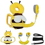 Baby Head Protector Backpack with Toddler Leash, Anti Lost Wrist Link, Adjustable Toddler Head Protection Backpack, 3 in 1 Cute Baby Fall Back Head Protector for Crawling Walking Gifts(Yellow Bee)
