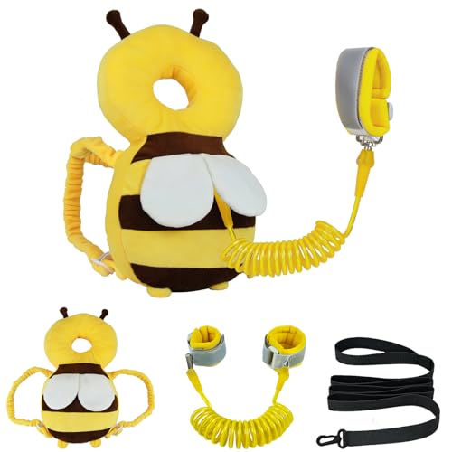 Image of Baby Head Protector Backpack with Toddler Leash, Anti Lost Wrist Link, Adjustable Toddler Head Protection Backpack, 3 in 1 Cute Baby Fall Back Head Protector for Crawling Walking Gifts(Yellow Bee)