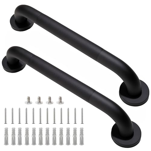 Rackickyer Shower Grab Bar 2 Pack 16 Inch Black Bathroom Grab Bar 1.25 Diameter 304 Stainless Steel Anti-Slip Grab Bars for Bathtubs and Showers Handicap Shower Grab Bar for Seniors Elderly