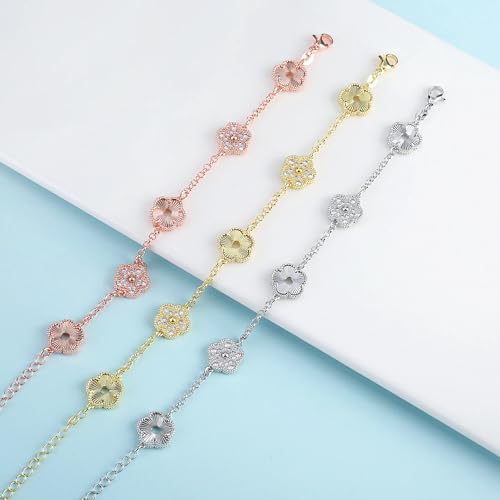 14K Gold Filled Clover Lucky Bracelet For Women - Double Sided Stone Plant Five Leaf Flower Adjustable Link Bracelets, 4 Leaf Clover Bracelet4