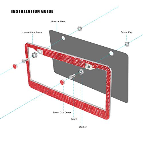 Otostar 7 Row Handcrafted 1000+ Pcs Finest 14 Facets Ss20 Premium Glass Crystal Diamond Stainless Steel License Plate Frame With Matching Screws Caps (Red Crystal) #TOP5
