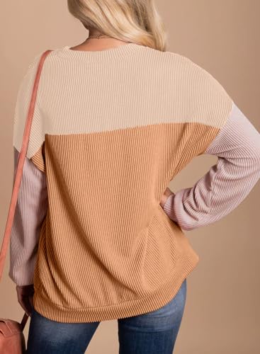 Image of Dokotoo Womens Tops Fashion 2026 Color Block Long Sleeve Shirts for Women Crewneck Knitted Casual Loose Blouses