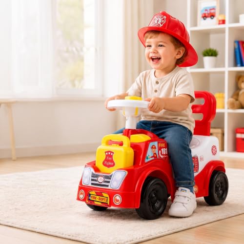 Image of Fire Fighter Ride On Toy for Kids 2-5 Years with LED Lights, Fire Truck Siren, Front & Rear Storage, Foot to Floor Ride On Car with Comfortable Backrest, Ride On Car for Boys & Girls